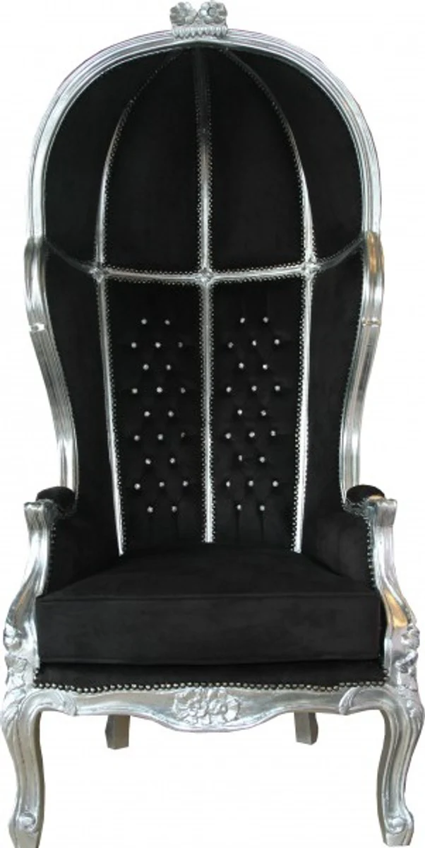 Barock Thron Sessel Victory Schwarz / Silber mit Bling Bling Glitzersteinen - Balloon Chair - Thron Stuhl Tron