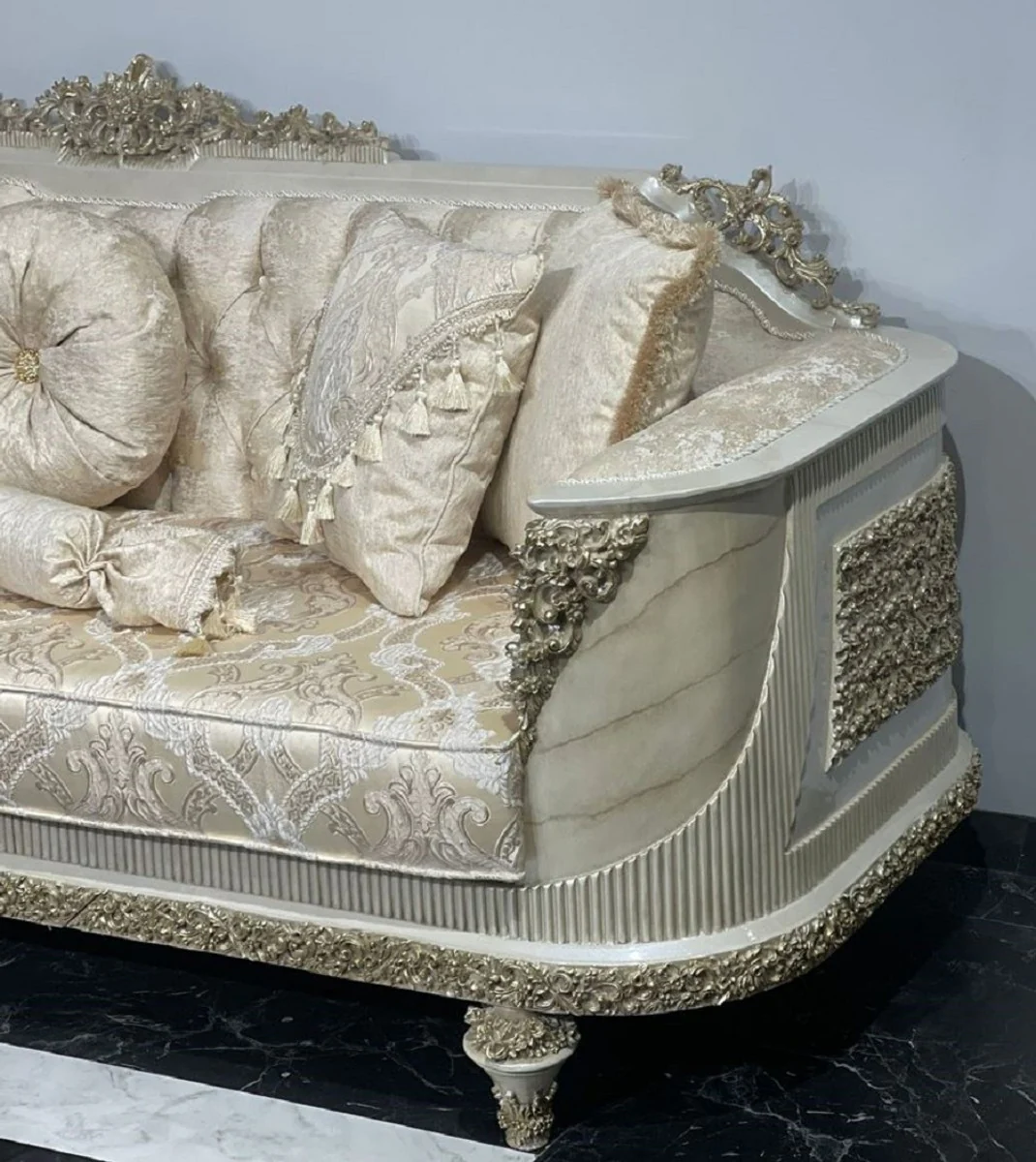 Luxus Barock Wohnzimmer Sofa mit Muster Gold / Grau / Gold - Handgefertigtes Barockstil Sofa - Luxus Wohnzimmer Möbel im Barockstil - Barock Möbel - Edel & Prunkvoll