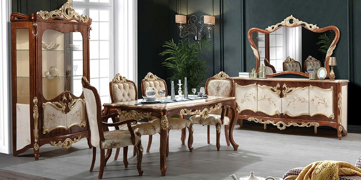 Luxus Barock Esszimmer Set Cremefarben / Braun / Gold - 1 Esstisch & 6 Esszimmerstühle & 1 Vitrine & 1 Sideboard mit Wandspiegel - Barock Esszimmer Möbel - Edel & Prunkvoll