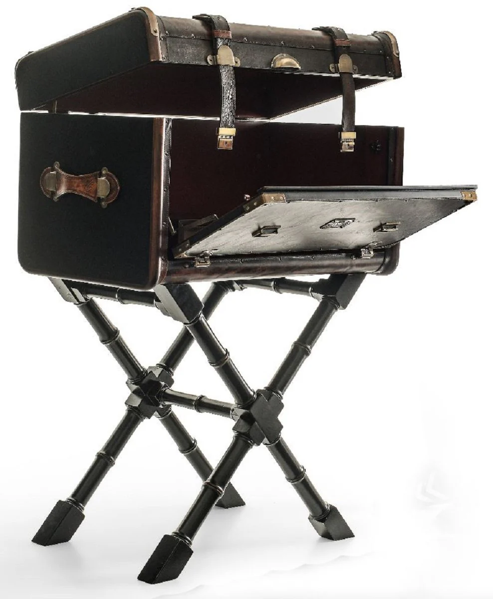 Luxus Leder Minibar in Koffer Optik Dunkelbraun / Schwarz / Messing 45,5 x 45,5 x H. 73 cm - Echtleder Minibar - Bar Möbel - Echtleder Möbel - Luxus Möbel in Koffer Optik