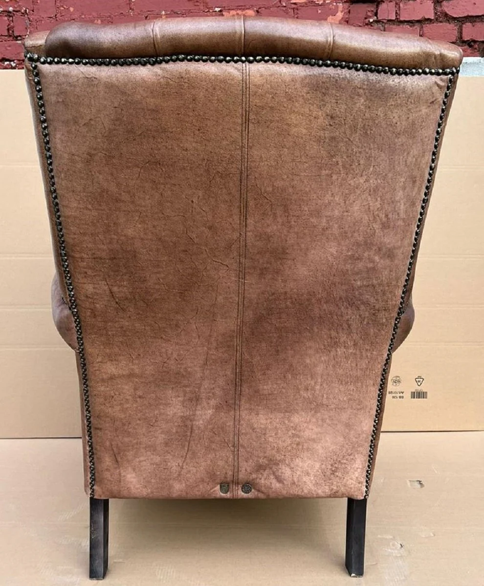 Luxus Echtleder Chesterfield Ohrensessel Vintage Braun / Schwarz Wohnzimmer Sessel Leder