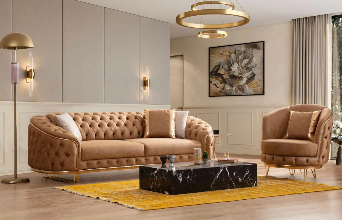 Luxus Chesterfield Wohnzimmer Set Vintage Braun / Messing - 2 Luxus Chesterfield Sofas & 2 Luxus Chesterfield Sessel - Wohnzimmer Möbel - Luxus Möbel - Chesterfield Möbel