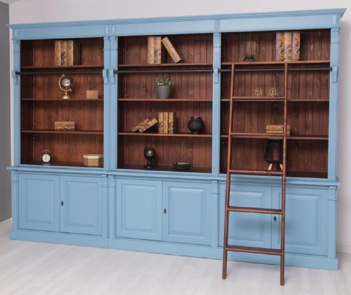 Landhausstil Bücherschrank mit Leiter Hellblau / Dunkelbraun 223 x 51 x H. 228 cm - Massivholz Schrank - Wohnzimmerschrank - Regalschrank - Büroschrank - Landhausstil Möbel