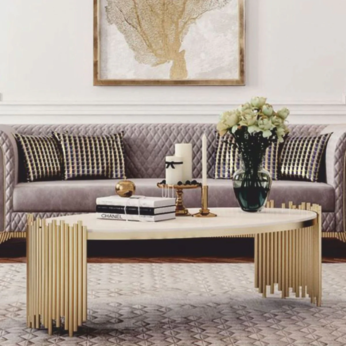 Luxus Couchtisch mit Kunstmarmor Tischplatte Weiß / Gold Ø 101 cm - Luxus Möbel