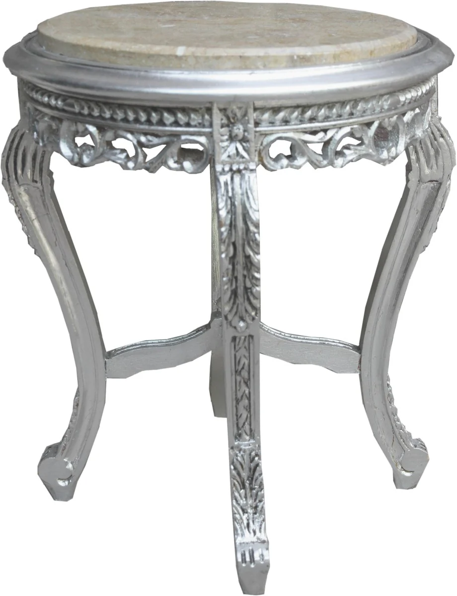 Barock Beistelltisch Silber mit cremefarbener Marmorplatte 48 x 48 x H. 55 cm - Barockmöbel Beistell Tisch