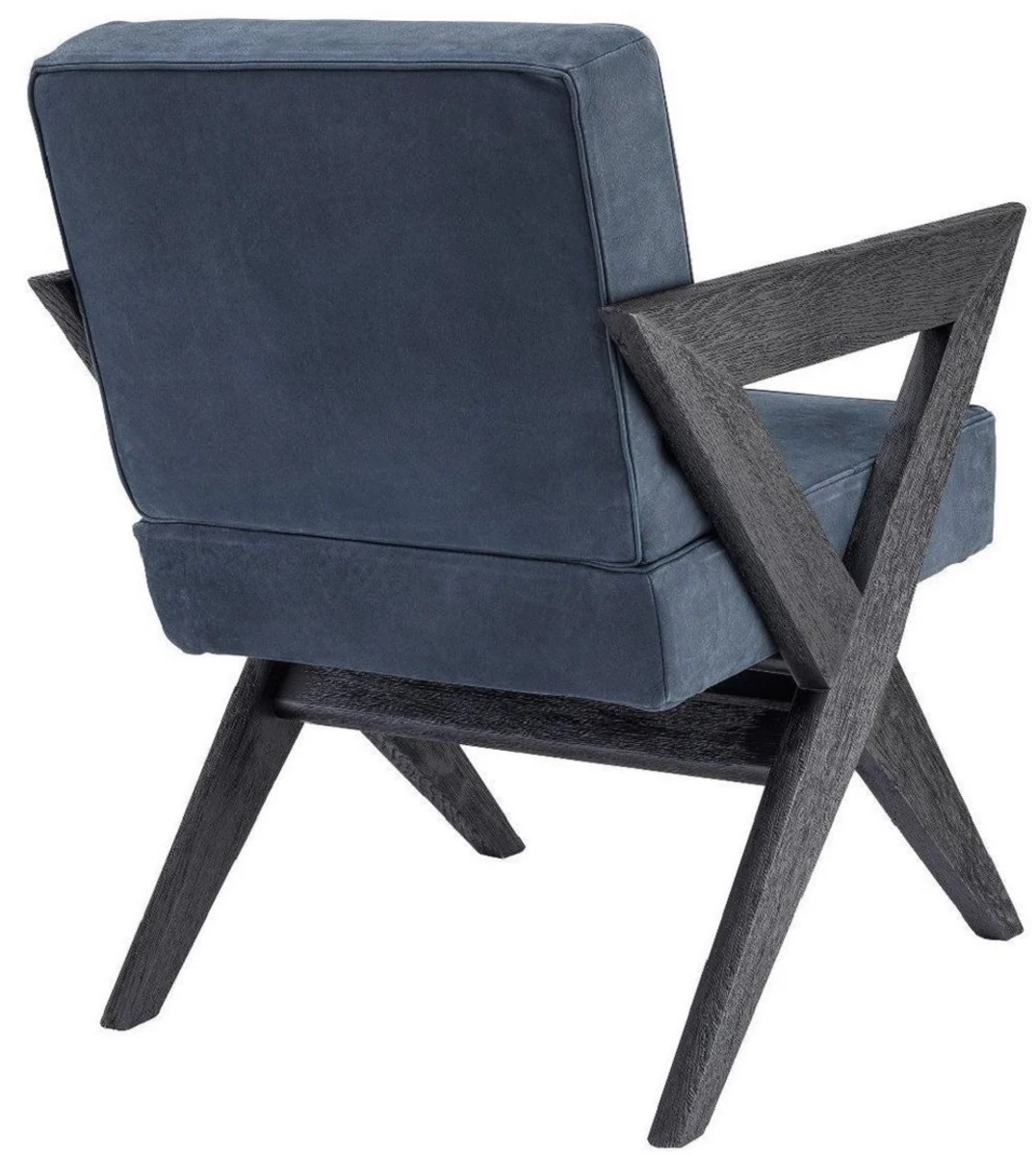 Luxus Echtleder Esszimmerstuhl mit Armlehnen Blau / Schwarz 59 x 74 x H. 88 cm - Küchenstuhl mit edlem Nubuk Büffelleder - Luxus Esszimmer Möbel