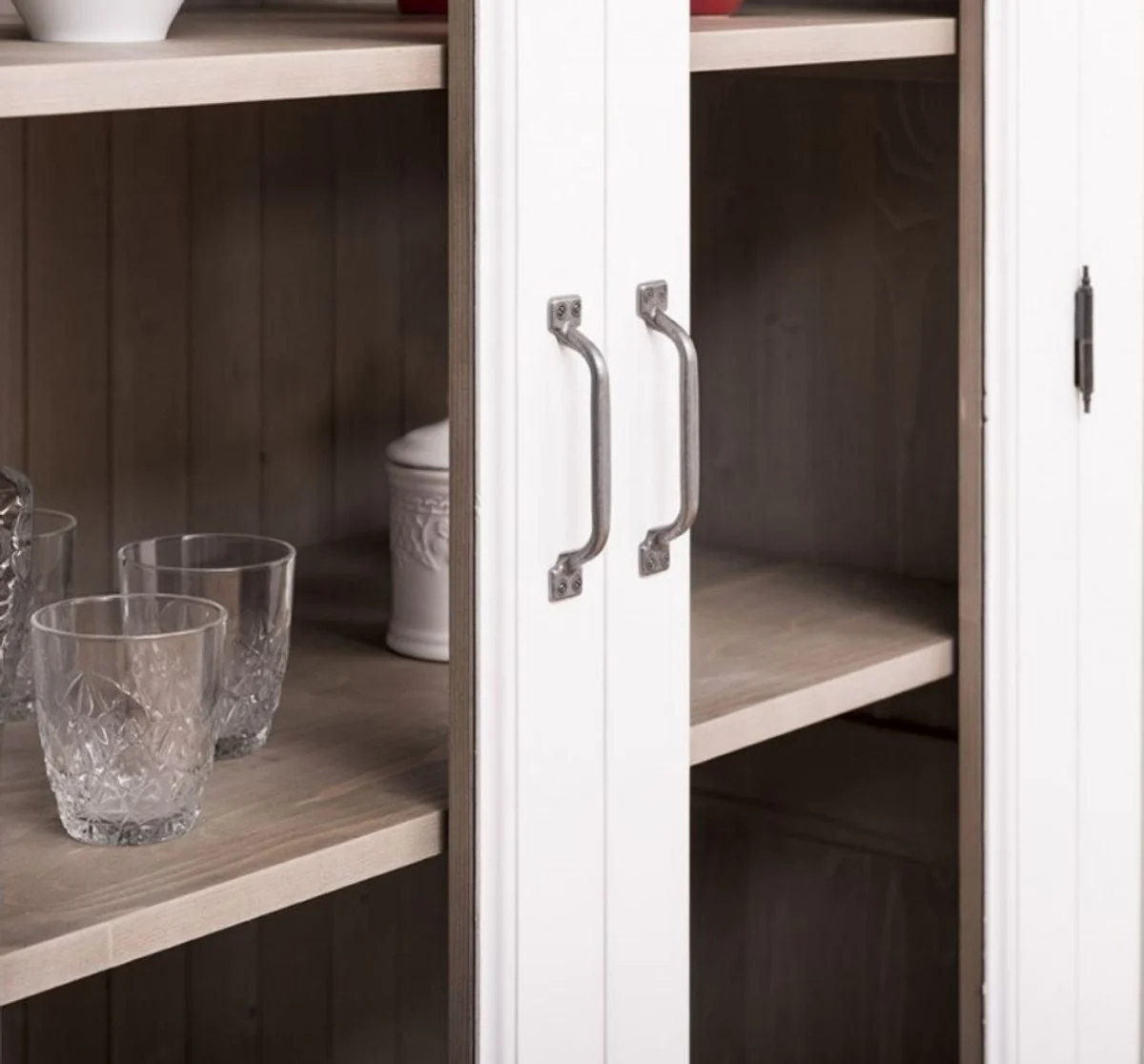 Landhausstil Küchenschrank Weiß / Grau 100 x 50 x H. 180 cm - Massivholz Vitrinenschrank mit 2 Glastüren und 3 Schubladen - Landhausstil Küchen Möbel