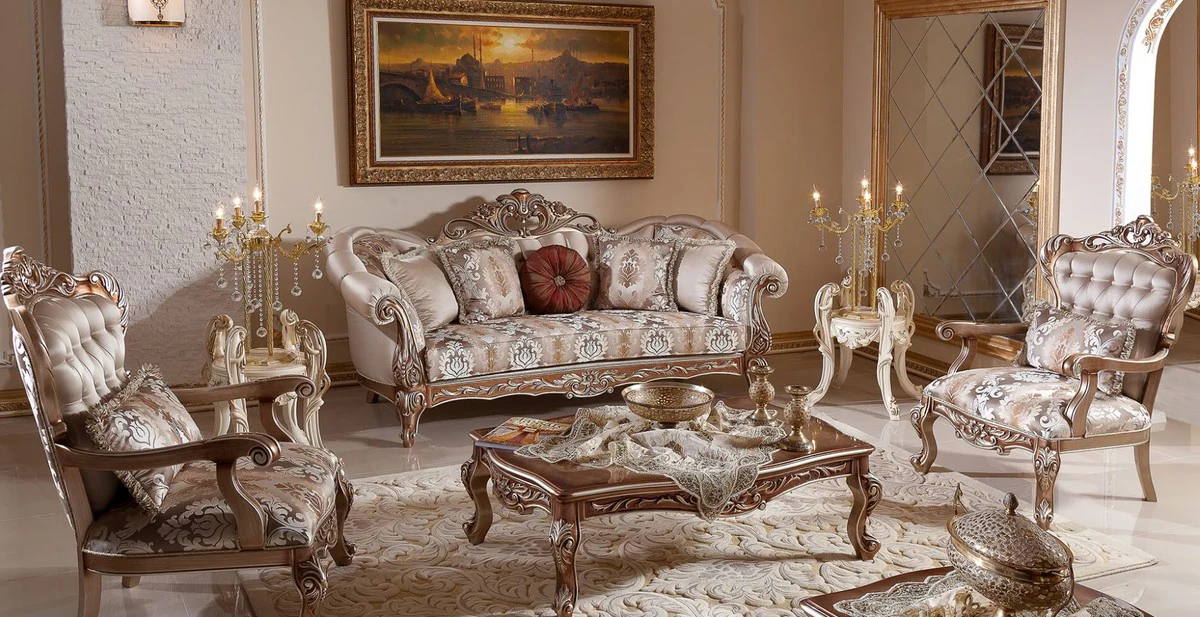 Luxus Barock Sofa Grau / Kupfer / Silber - Prunkvolles Wohnzimmer Sofa mit elegantem Muster - Barock Wohnzimmer & Hotel Möbel - Edel & Prunkvoll