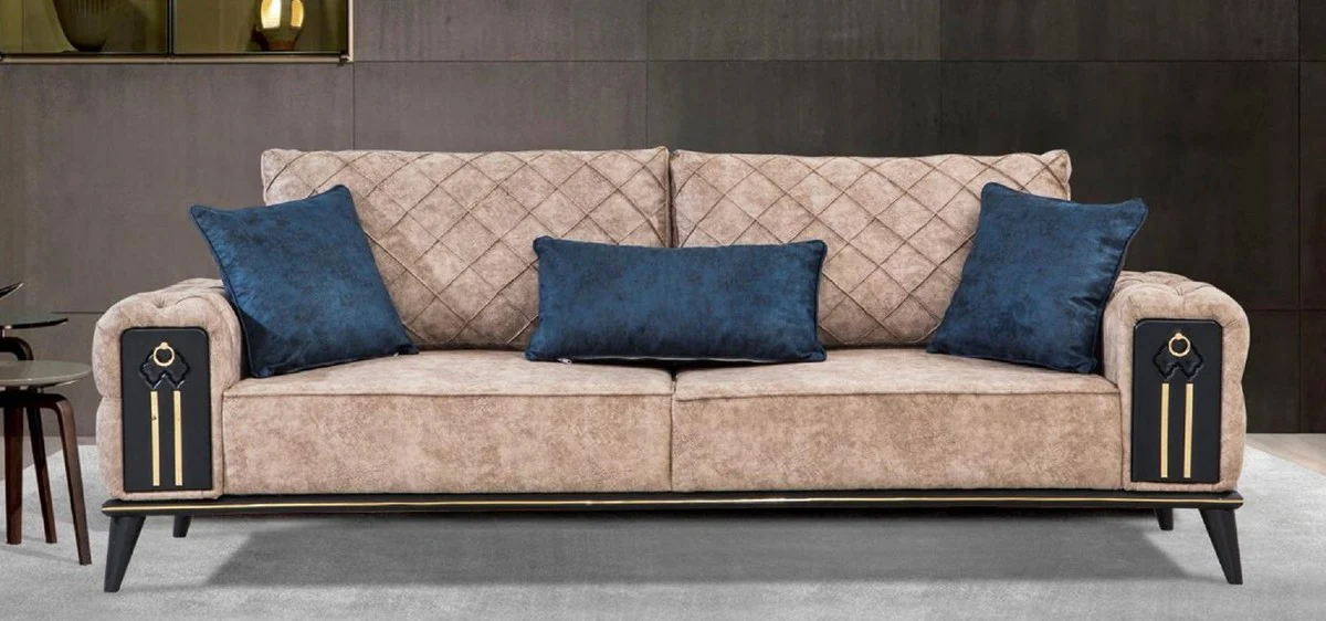 Luxus Chesterfield Schlafsofa Beige / Schwarz / Gold 220 x 90 x H. 80 cm - Modernes Wohnzimmer Sofa - Chesterfield Wohnzimmer Möbel