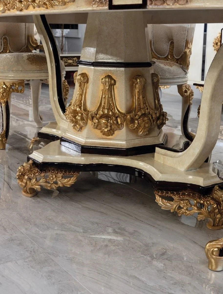Luxus Barock Esstisch Creme / Beige / Schwarz / Gold - Ovaler Barockstil Küchentisch - Luxus Esszimmer Möbel im Barockstil - Barock Esszimmer Möbel - Barock Einrichtung