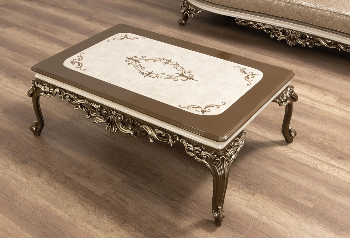 Luxus Barock Wohnzimmer Set Beige / Cremefarben / Braun / Gold - 2 Sofas & 2 Sessel & 1 Couchtisch - Handgefertigte Wohnzimmer Möbel im Barockstil - Edel & Prunkvoll