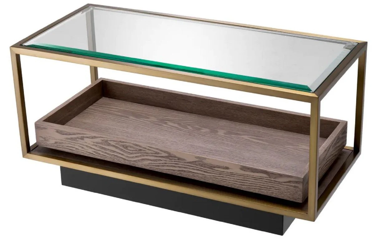 Luxus Beistelltisch Messing / Grau / Schwarz 90 x 42 x H. 44 cm - Rechteckiger Wohnzimmer Tisch mit Glasplatte - Hotel Tisch - Wohnzimmer Möbel - Hotel Möbel - Luxus Möbel