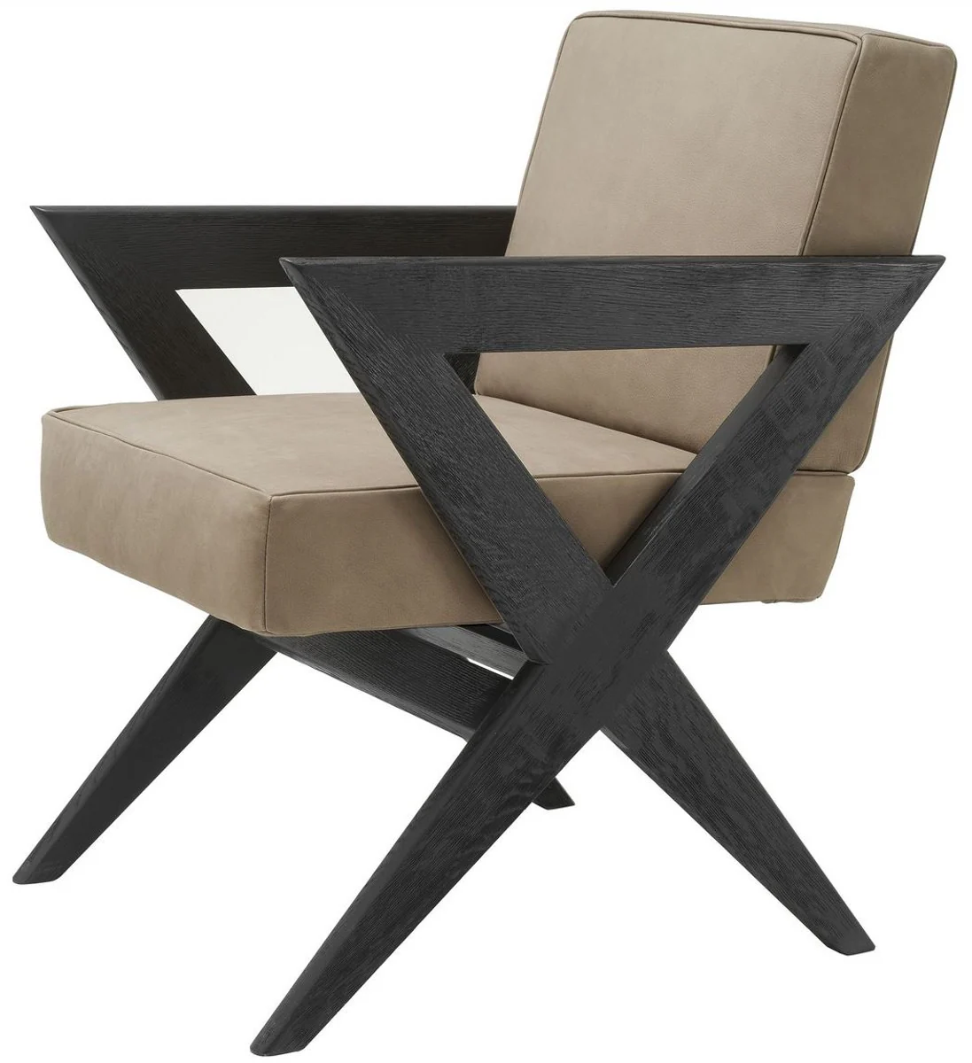 Luxus Echtleder Esszimmerstuhl mit Armlehnen Beige / Schwarz 59 x 74 x H. 88 cm - Küchenstuhl mit edlem Nubuk Büffelleder - Luxus Esszimmer Möbel