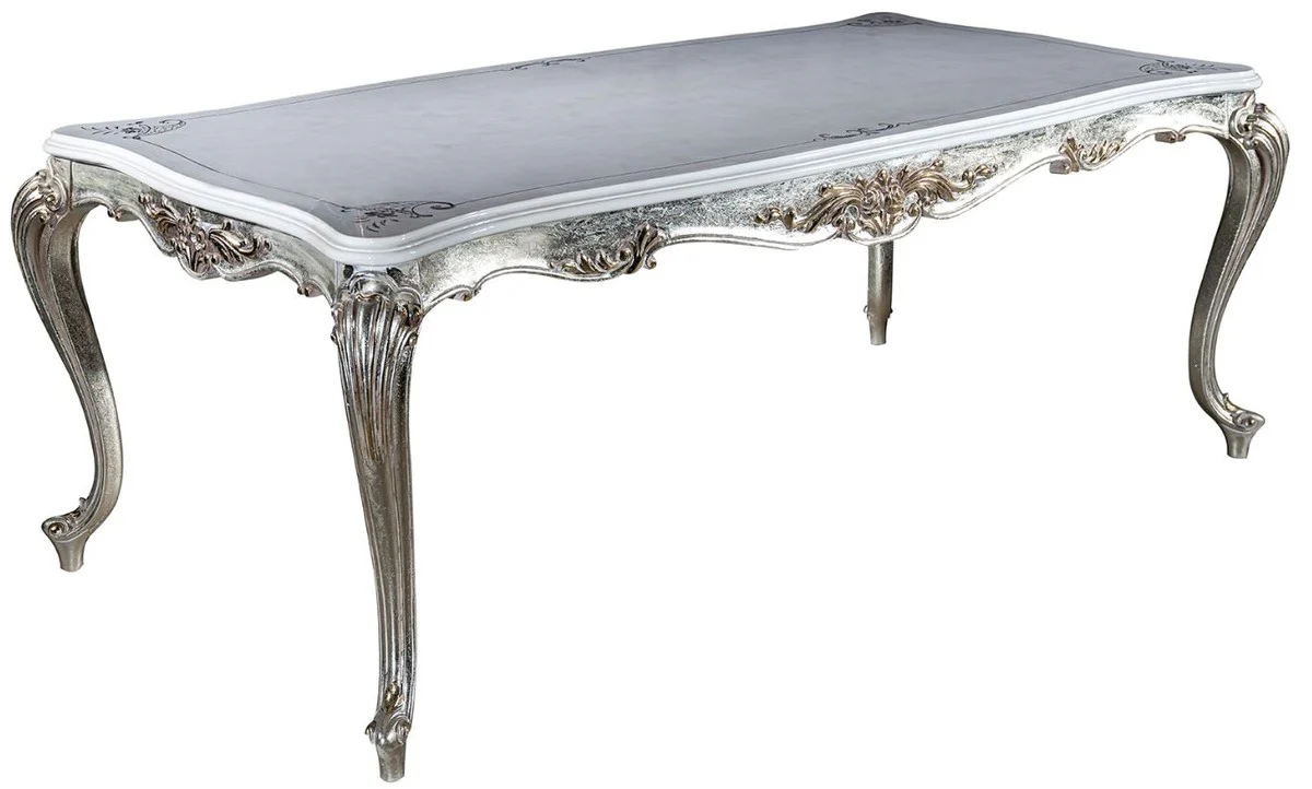 Luxus Barock Esszimmer Set Hellblau / Silber - 1 Esstisch & 6 Esszimmerstühle - Barock Esszimmer Möbel - Edel & Prunkvoll