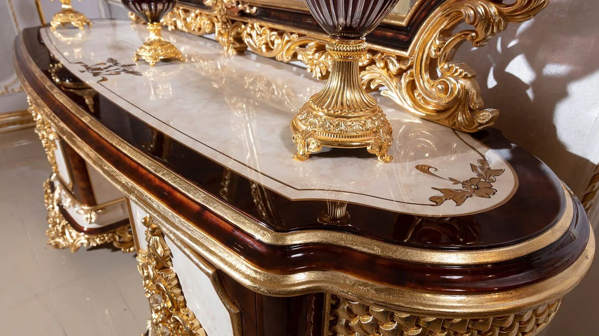 Luxus Barock Schlafzimmer Set Weiß / Braun / Gold - 1 Barock Schminkkommode mit 5 Schubladen & 1 Barock Spiegel & 1 Barock Hocker - Barock Schlafzimmer Möbel - Edel & Prunkvoll