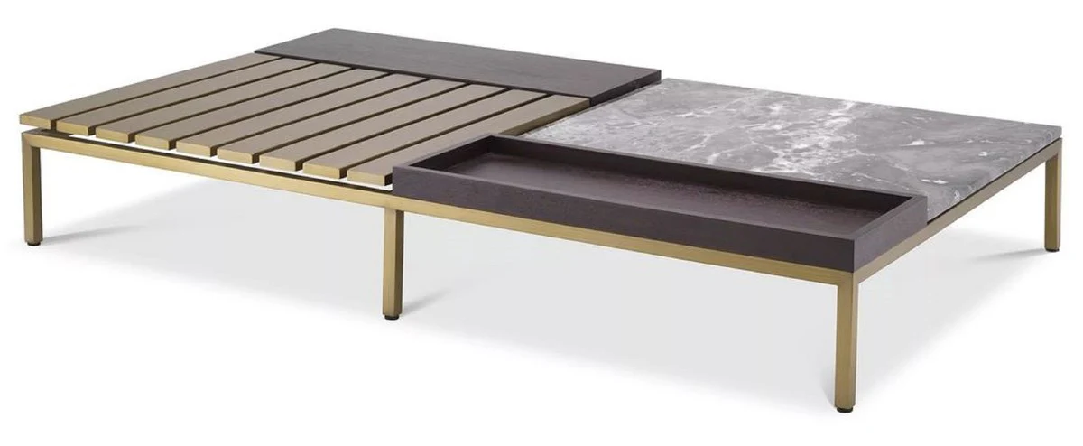 Luxus Couchtisch Messingfarben / Grau / Braun 169,5 x 99,5 x H. 27 cm - Moderner Wohnzimmertisch - Luxus Wohnzimmer Möbel - Luxus Qualität