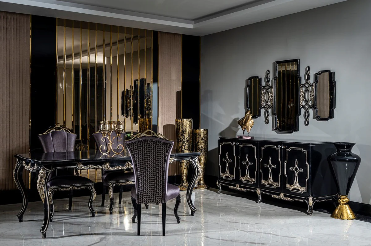 Luxus Barock Esszimmer Set Lila / Schwarz / Gold - 1 Esstisch & 6 Esszimmerstühle - Barock Esszimmer Möbel - Edel & Prunkvoll