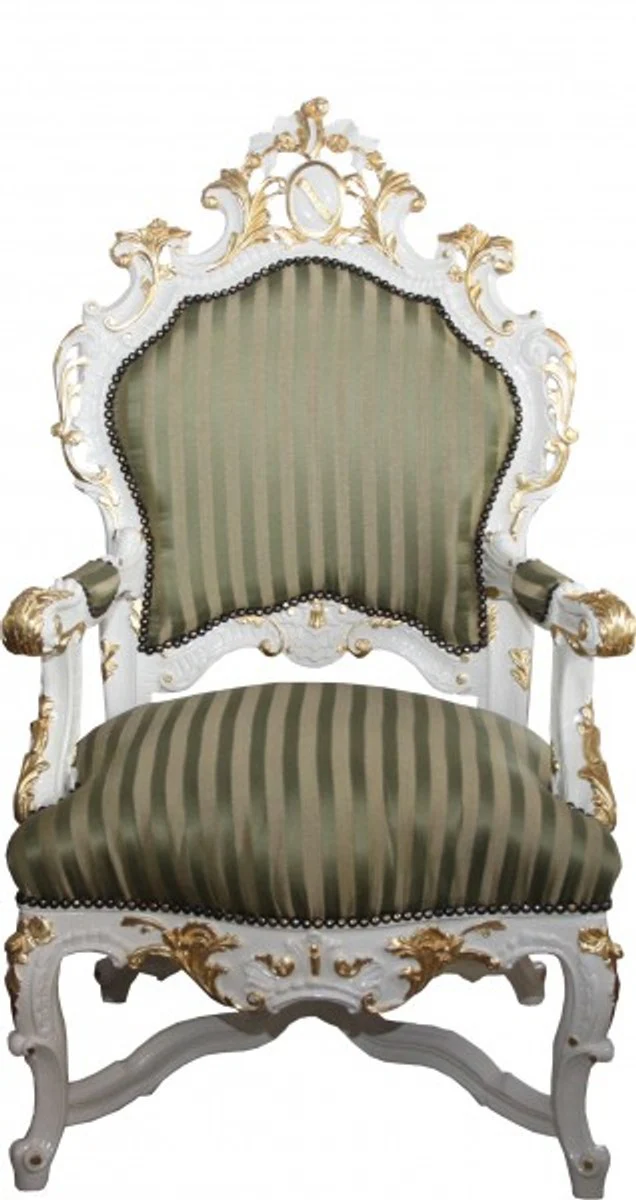 Barock Luxus Thron Sessel Grün/Gold Streifen / Weiss/Gold - Unikat - Barock Möbel Thron Königssessel - Limited Edition