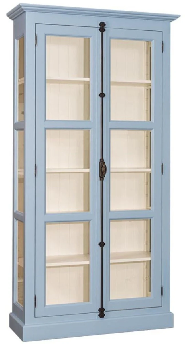 Landhausstil Vitrine Hellblau / Cremefarben 109 x 40 x H. 210 cm - Massivholz Schrank mit 2 Glastüren - Vitrinenschrank - Landhausstil Möbel