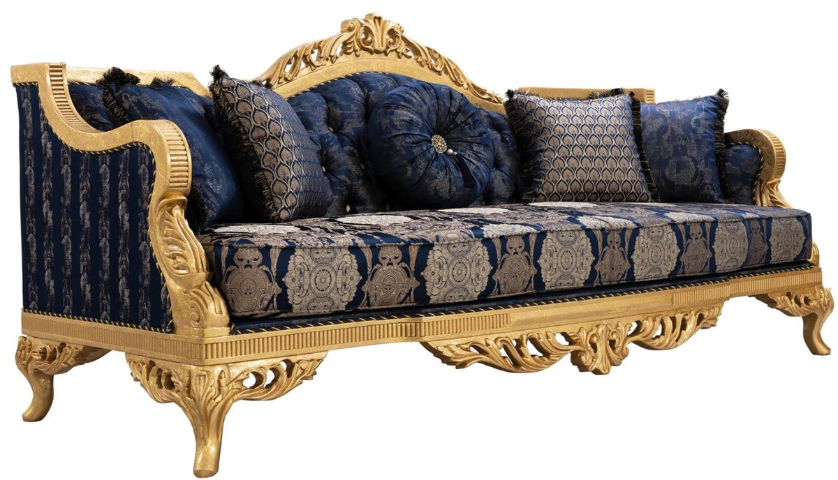 Luxus Barock Sofa mit Glitzersteinen und dekorativen Kissen Dunkelblau / Gold 228 x 93 x H. 108 cm - Barock Wohnzimmer Möbel