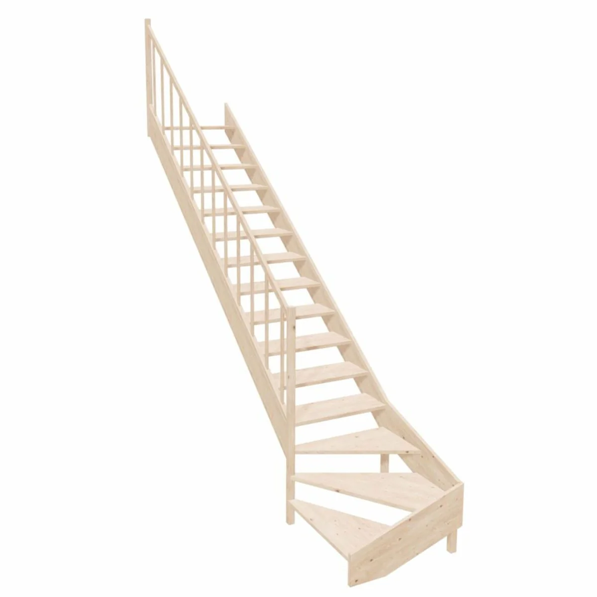 Luxus Eck-Holztreppe mit Geländer linke Seite Naturfarben H. 364 cm