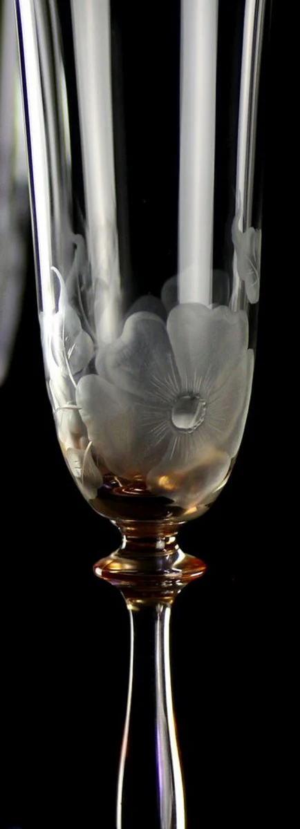 Luxus Barock Champagnerglas 6er Set Orange Ø 7 x H. 24,5 cm - Handgefertigte und handgravierte Champagnergläser mit Blumen Design - Hotel & Restaurant Accessoires