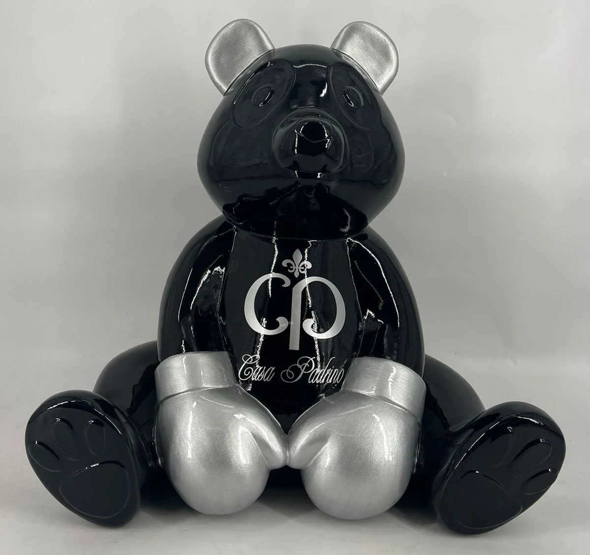 Luxus Deko Figur Boxer Teddybär Schwarz / Silber 50 cm - Deko Skulptur