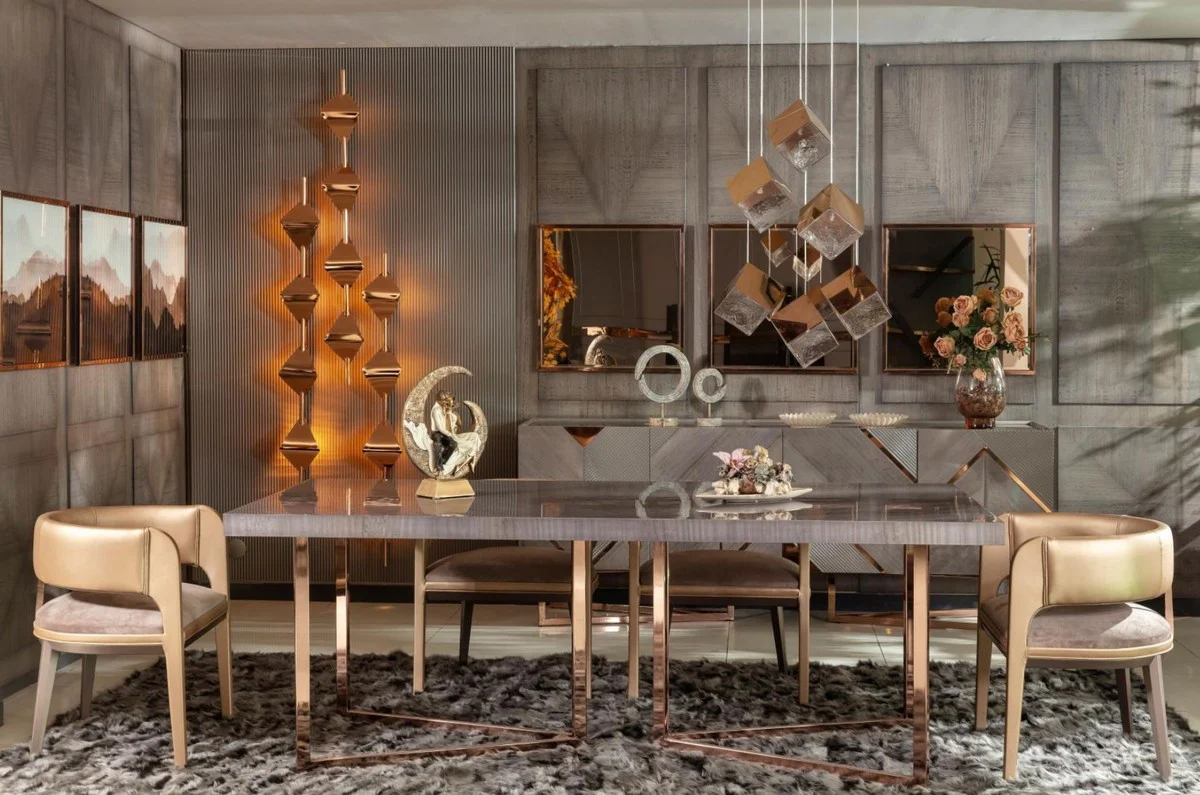 Luxus Esstisch Grau / Kupfer 210 x 100 x H. 75 cm - Rechteckiger Küchentisch mit Massivholz Tischplatte und Metallbeinen - Esszimmer Möbel - Küchen Möbel - Luxus Möbel