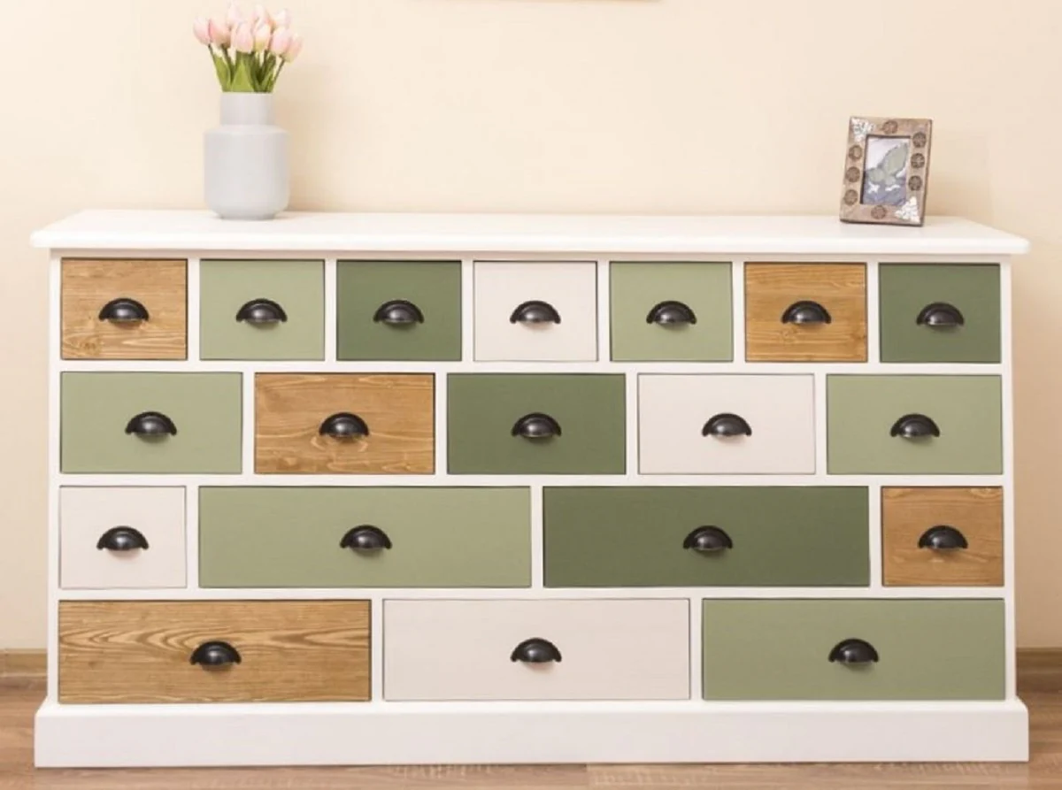 Landhausstil Kommode Weiß / Grün / Naturfarben 180 x 48 x H. 95 cm - Massivholz Schrank mit 19 Schubladen - Landhausstil Möbel - Möbel im Landhausstil - Landhausstil Einrichtung