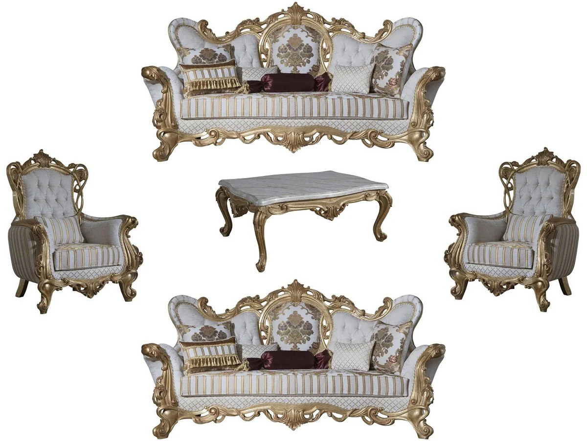 Luxus Barock Wohnzimmer Set Weiß / Grau / Gold - 2 Sofas & 2 Sessel & 1 Couchtisch - Barock Wohnzimmer Möbel - Edel & Prunkvoll
