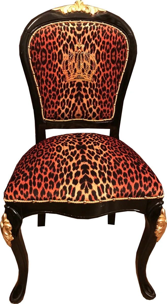 Pompöös by Luxus Barock Esszimmerstühle Krone mit Glitzersteinen Leopard / Schwarz / Gold - Esszimmer Set - 6 Pompööse Barock Stühle designed by Harald Glööckler
