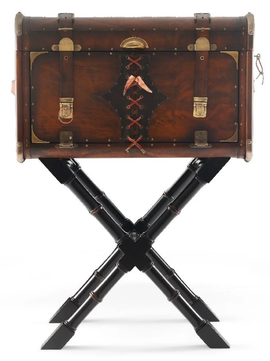 Luxus Leder Minibar in Koffer Optik Braun / Schwarz / Messing 45,5 x 45,5 x H. 73 cm - Echtleder Minibar - Bar Möbel - Echtleder Möbel - Luxus Möbel in Koffer Optik