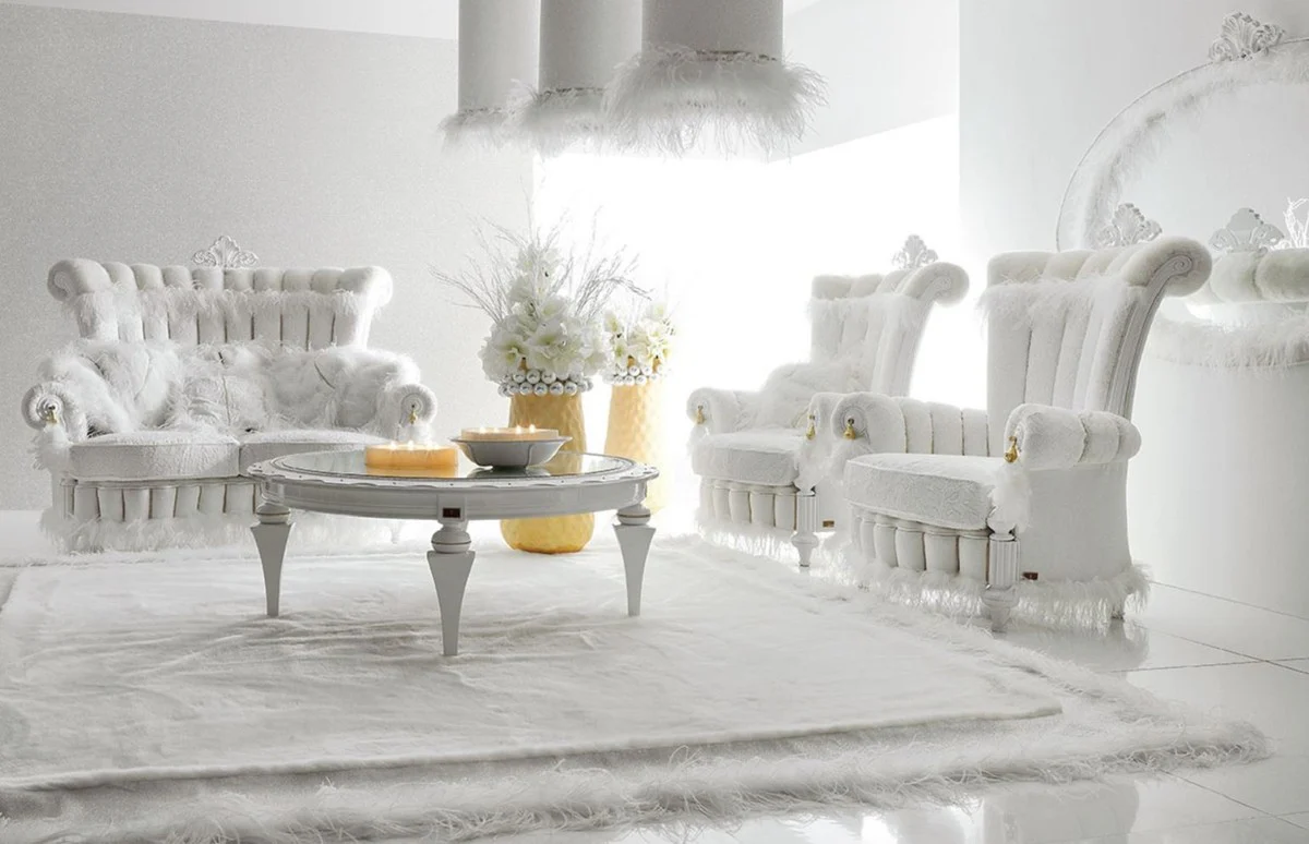 Luxus Barock Sofa Weiß / Gold - Prunkvolles Wohnzimmer Sofa im Barockstil - Barock Wohnzimmer Möbel - Barock Schloß Möbel - Erstklassische Qualität - Made in Italy