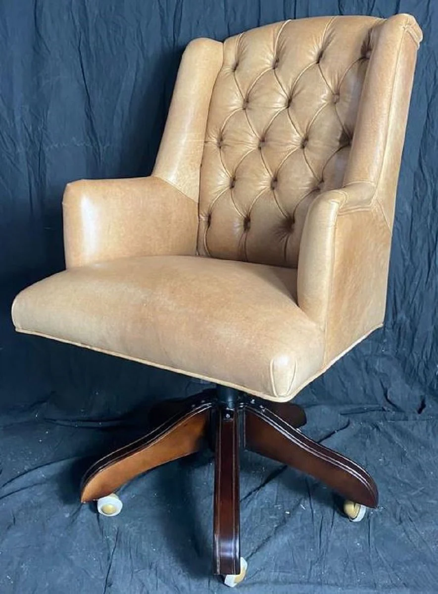 Luxus Chesterfield Leder Bürostuhl Vintage Creme / Braun 64 x 67 x H. 104-111 cm - Höhenverstellbarer Echtleder Schreibtischstuhl - Chesterfield Möbel - Echtleder Möbel - Luxus Möbel