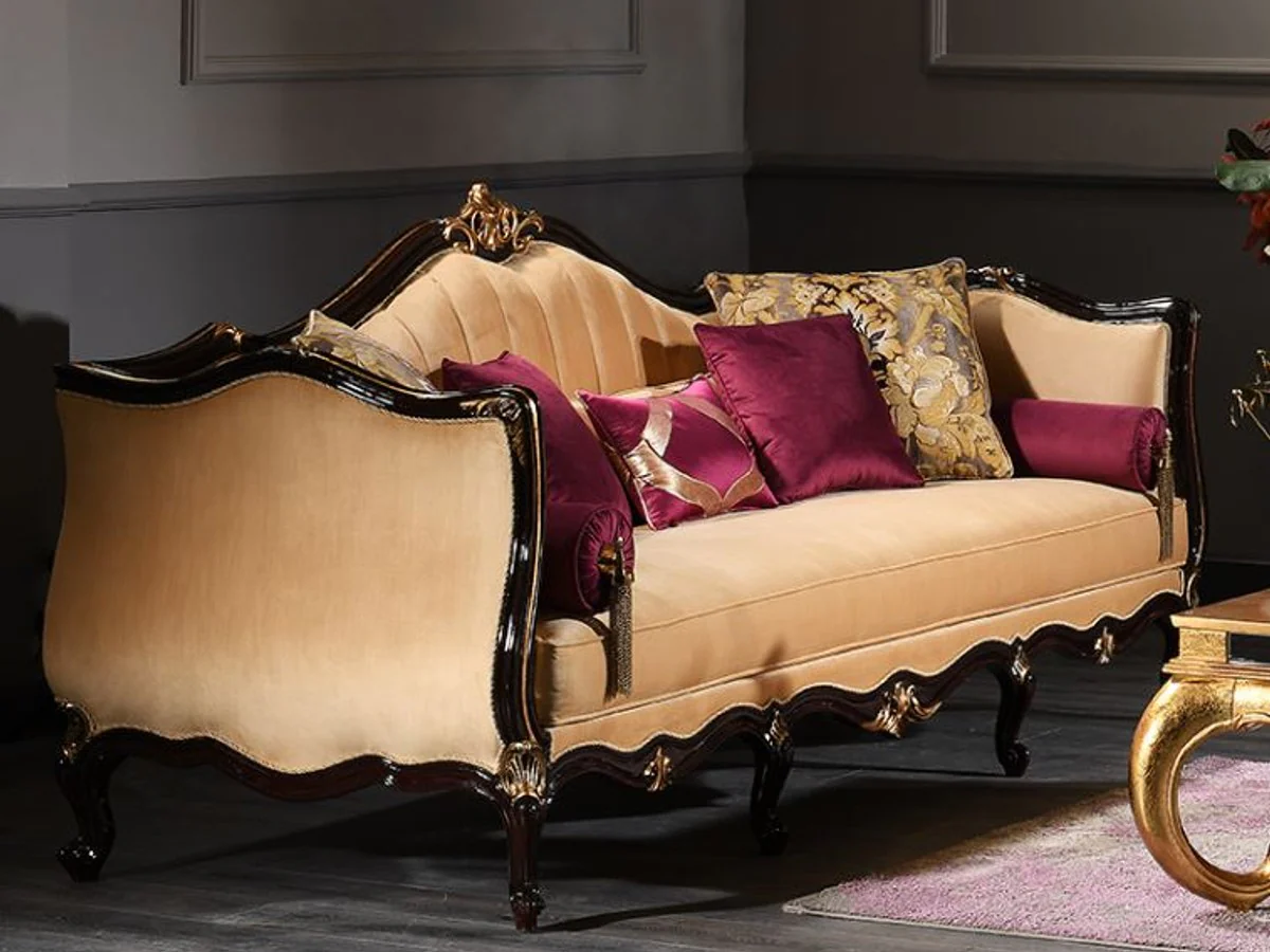 Luxus Barock Sofa Beige / Schwarz / Gold 250 x 110 x H. 90 cm - Prunkvolles Wohnzimmer Sofa - Barockmöbel