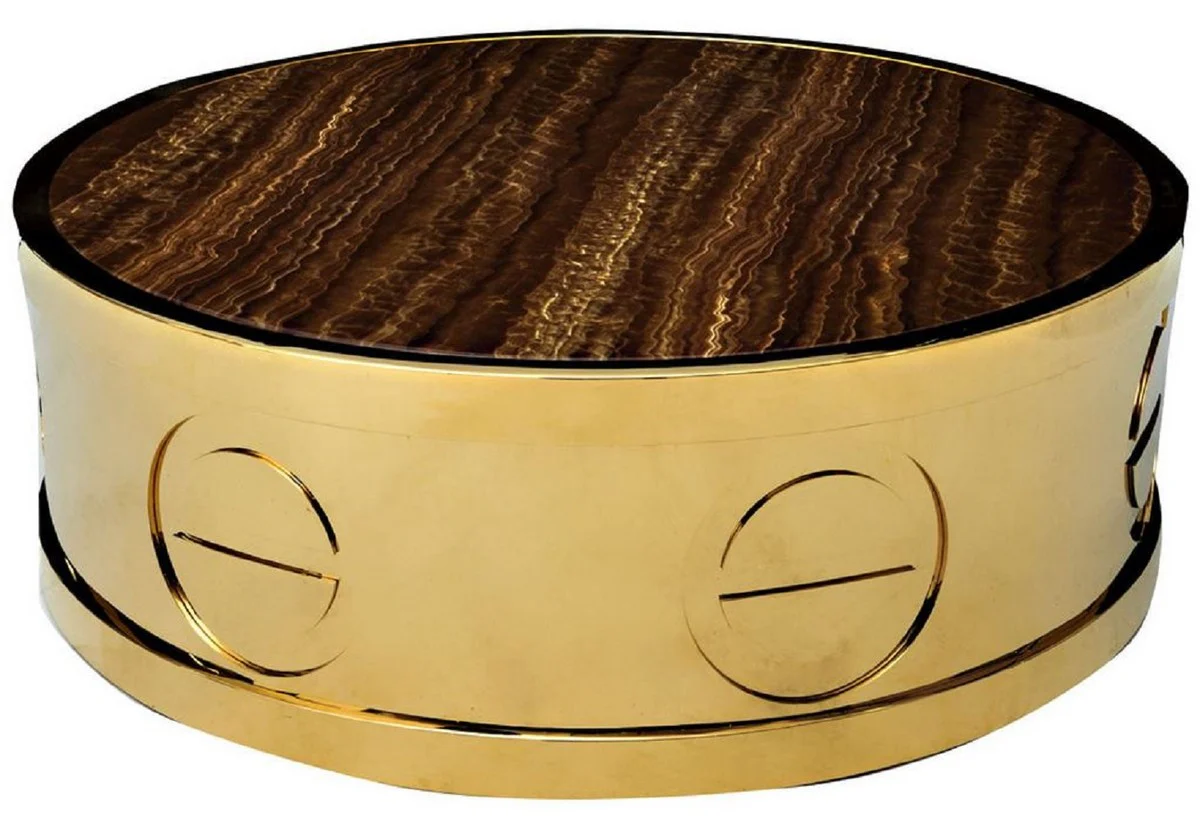 Luxus Couchtisch Gold / Braun Ø 95 x H. 32 cm - Runder Wohnzimmertisch mit Kunstmarmor Tischplatte - Wohnzimmer Möbel - Hotel Möbel - Luxus Möbel