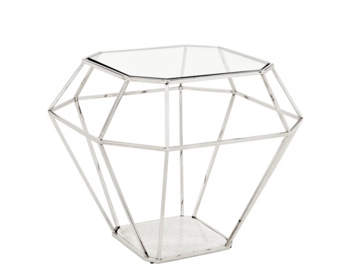 Luxus Art Deco Designer Beistelltisch Nickel mit weißer Marmorplatte - Luxus Beistelltisch Hotel Möbel