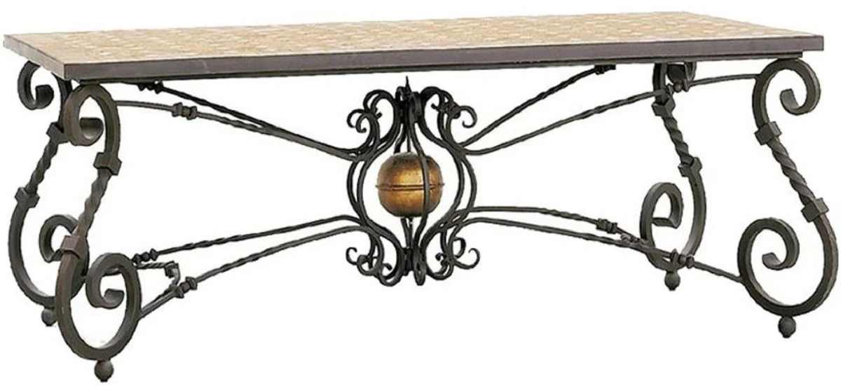 Luxus Barock Esstisch Beige / Grau / Messingfarben - Handgefertigter Schmiedeeisen Gartentisch mit Naturstein Mosaik Fliesen Tischplatte - Garten Terrassen Esszimmer Möbel