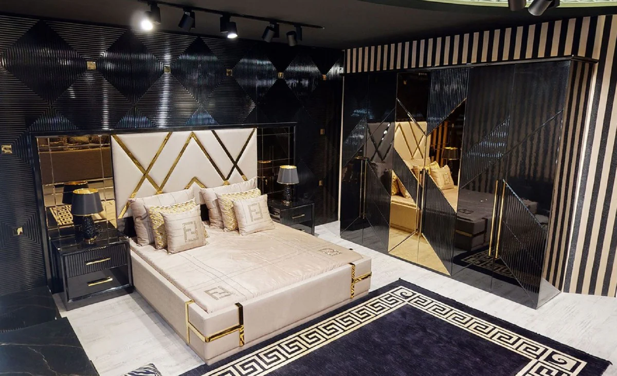Luxus Schlafzimmer Set Creme / Schwarz / Gold - 1 Doppelbett mit verspiegeltem Kopfteil & 2 Nachtkommoden - Luxus Schlafzimmer Möbel - Luxus Schlafzimmer Einrichtung