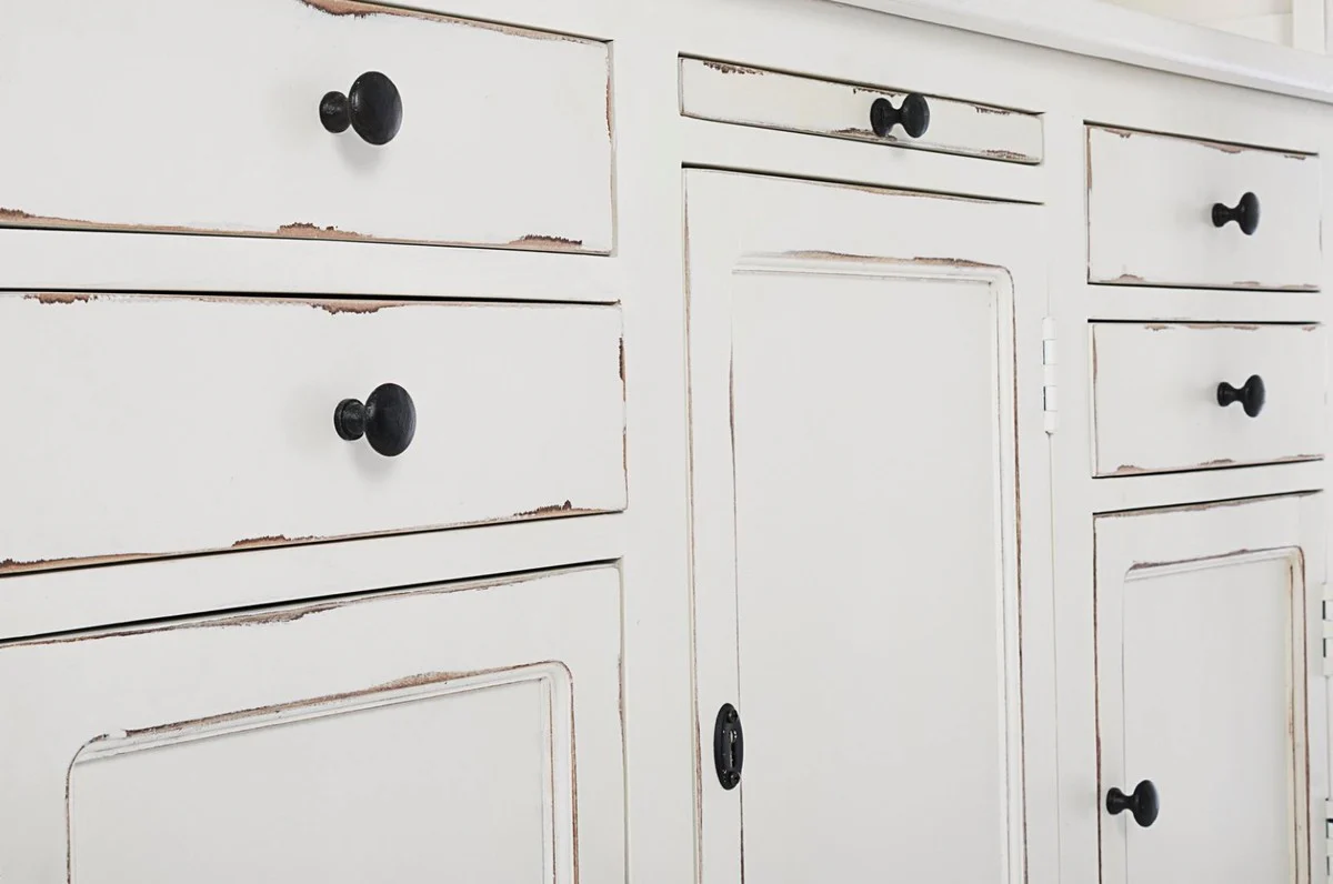 Landhausstil Schrank mit Leiter Antik Weiß 143,5 x 40,6 x H. 233,7 cm - Bücherschrank - Regalschrank - Wohnzimmerschrank - Büroschrank - Landhausstil Möbel