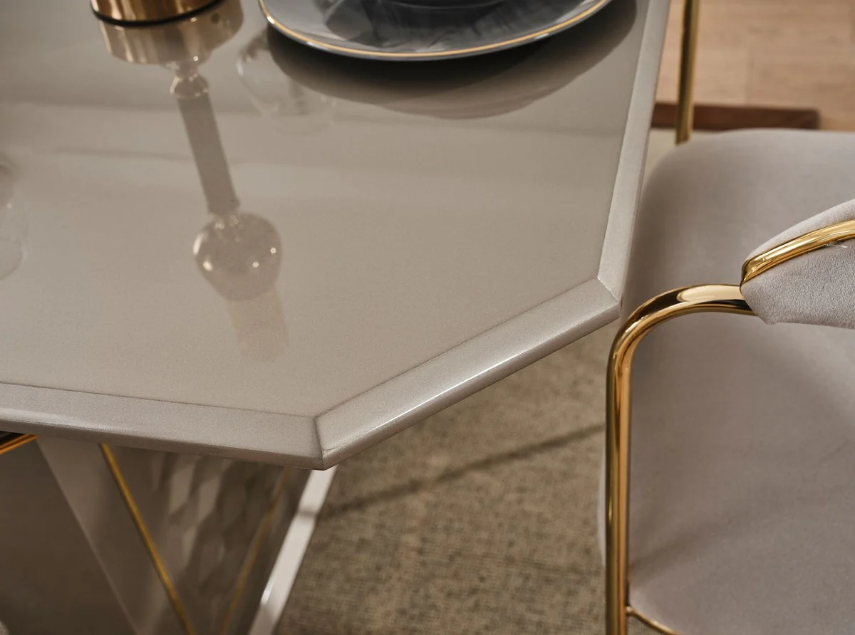 Luxus Art Deco Esszimmer Set Grau / Gold - 1 Ausziehbarer Esstisch & 6 Esszimmerstühle mit Armlehnen - Esszimmer Möbel - Art Deco Möbel - Luxus Möbel - Art Deco Einrichtung