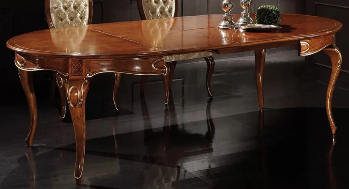 Luxus Barock Esstisch Braun / Gold - Ausziehbarer Massivholz Esszimmertisch im Barockstil - Barock Esszimmer Möbel - Luxus Qualität - Made in Italy