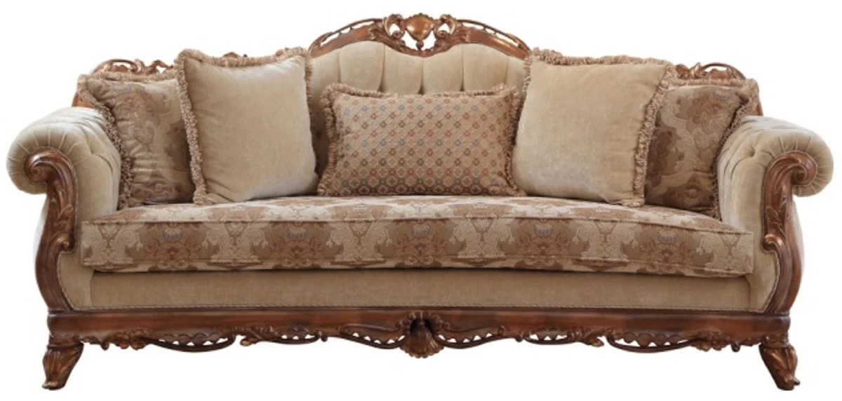 Luxus Barock Sofa Beige / Braun - Prunkvolles Wohnzimmer Sofa mit elegantem Muster - Barock Wohnzimmer Möbel