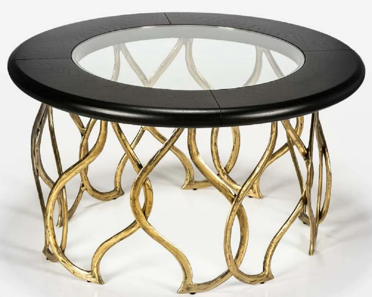 Luxus Couchtisch Schwarz / Messingfarben Ø 100 x H. 45 cm - Runder Wohnzimmertisch mit Glasplatte - Luxus Wohnzimmer Möbel