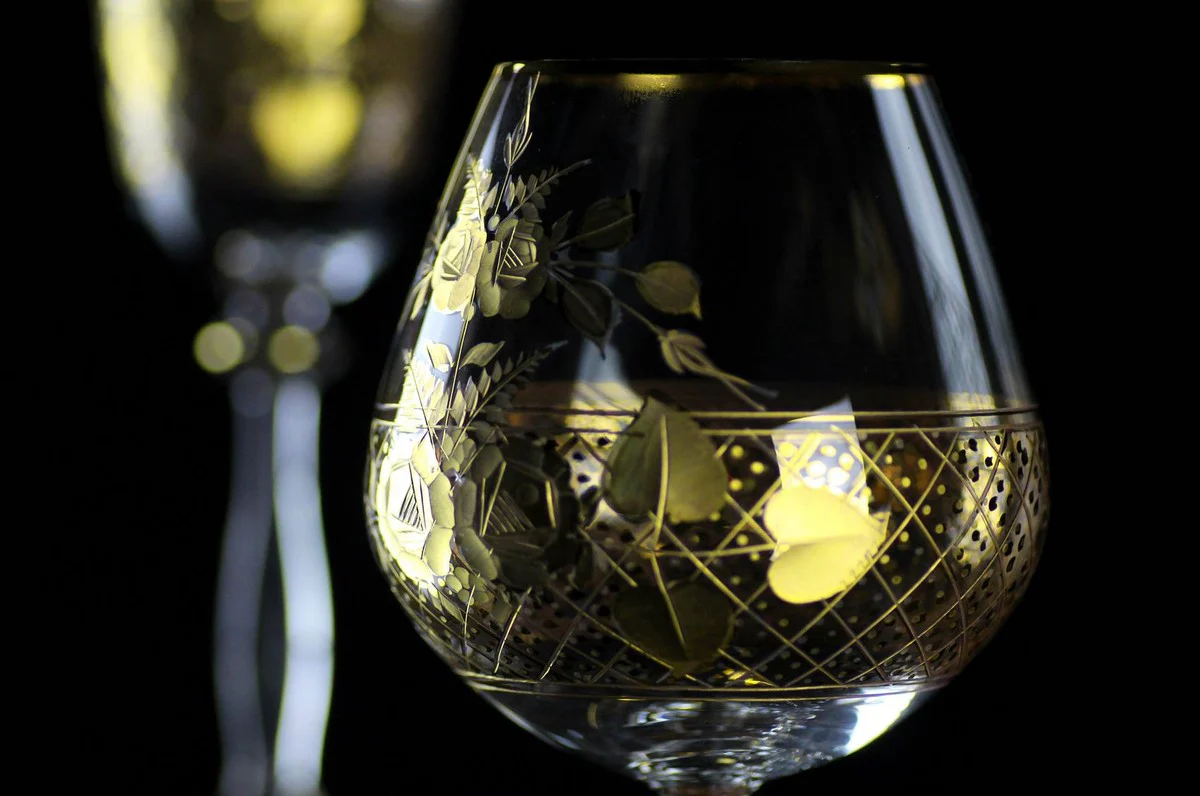 Luxus Barock Brandy Glas 6er Set Gold Ø 9 x H. 14,5 cm - Handgefertigte und handgravierte Cognac Gläser - Hotel & Restaurant Accessoires - Luxus Qualität