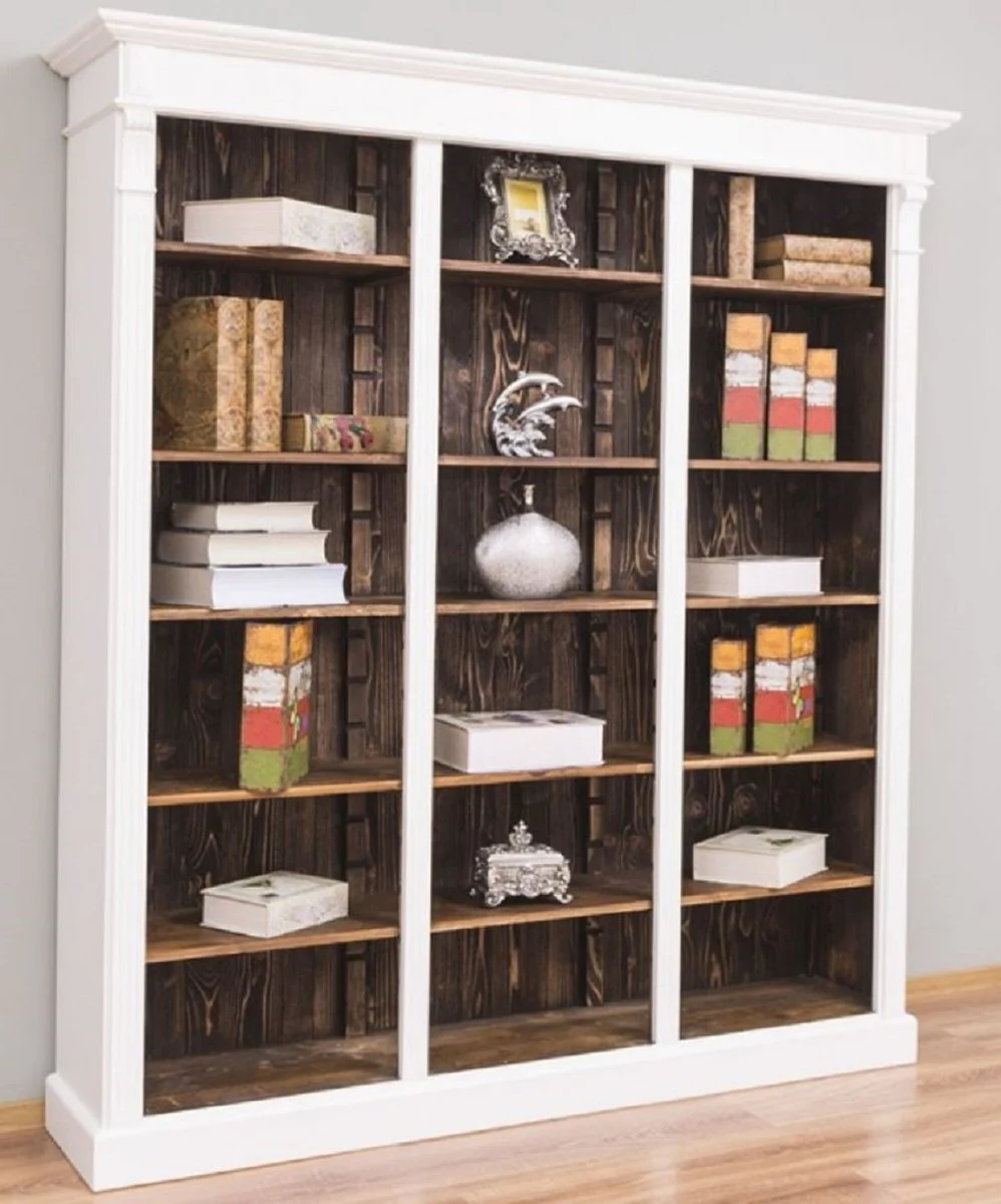 Landhausstil Regalschrank Weiß / Dunkelbraun 180 x 39 x H. 197 cm - Massivholz Schrank - Bücherschrank - Wohnzimmerschrank - Büroschrank - Landhausstil Möbel