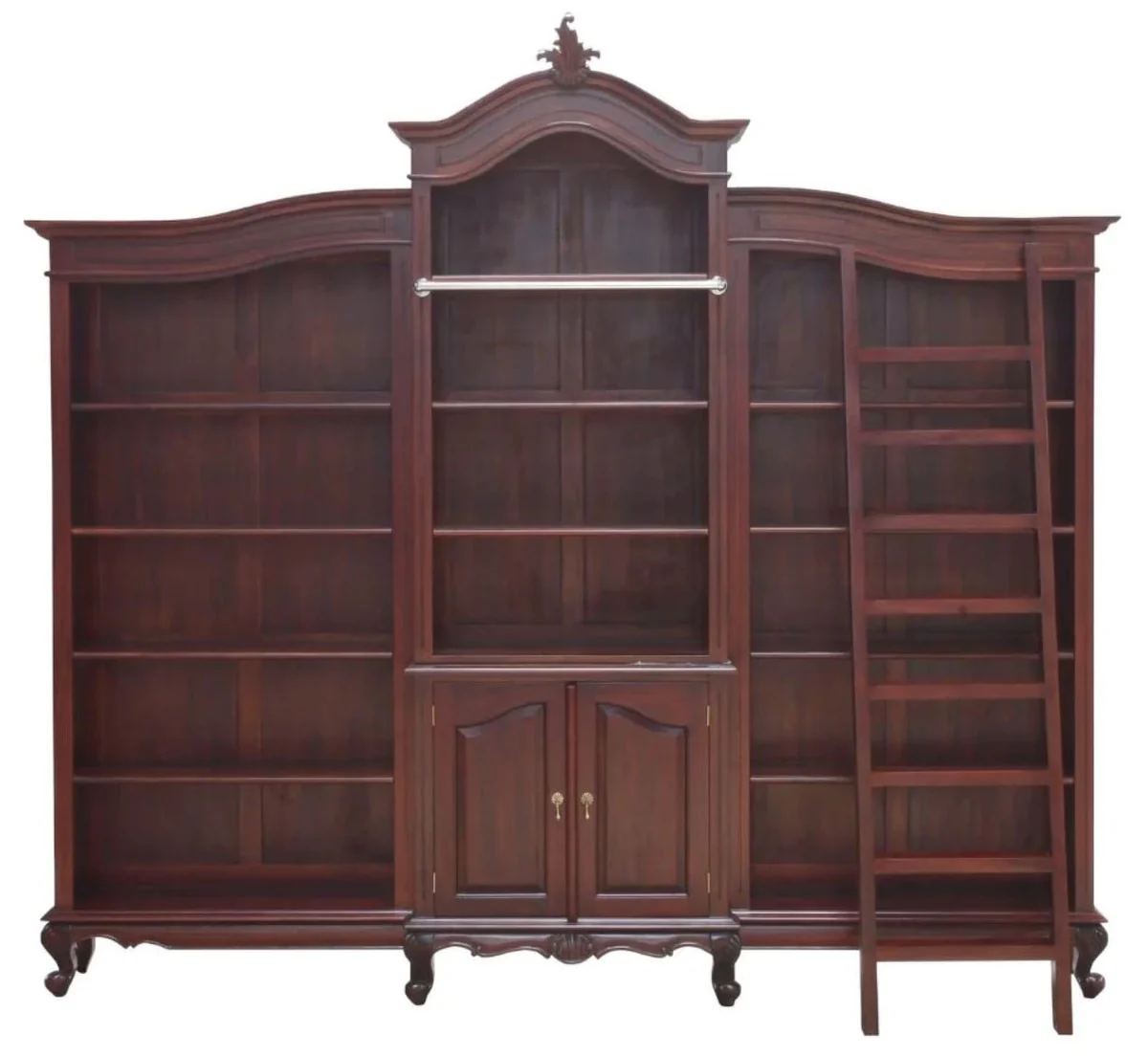 Luxus Barock Mahagoni Bücherschrank Dunkelbraun 280 x 47 x H. 245 cm - Prunkvoller Barockstil Schrank mit Leiter - Barock Büro Möbel - Edel & Prunkvoll