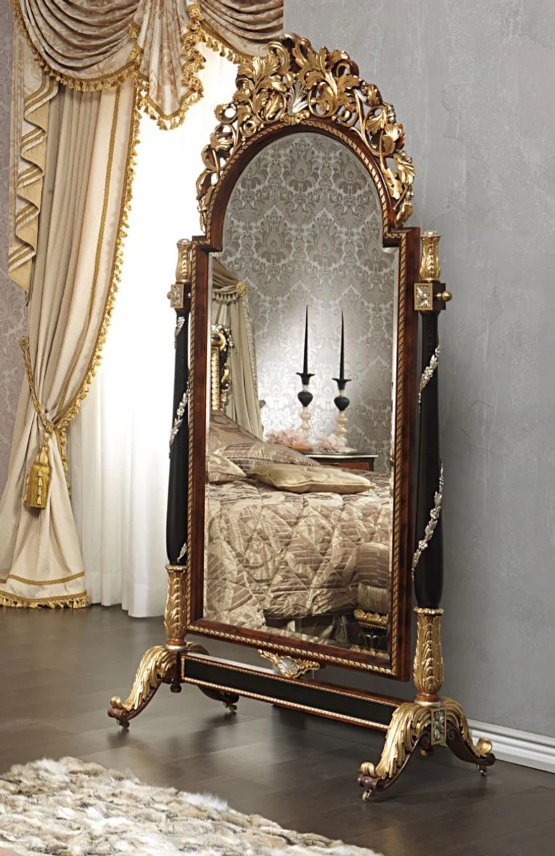 Luxus Barock Standspiegel mit Rollen Braun / Schwarz / Gold / Silber 106 x 56 x H. 218 cm - Prunkvolle handgeschnitzte Barock Möbel - Luxus Qualität - Made in Italy