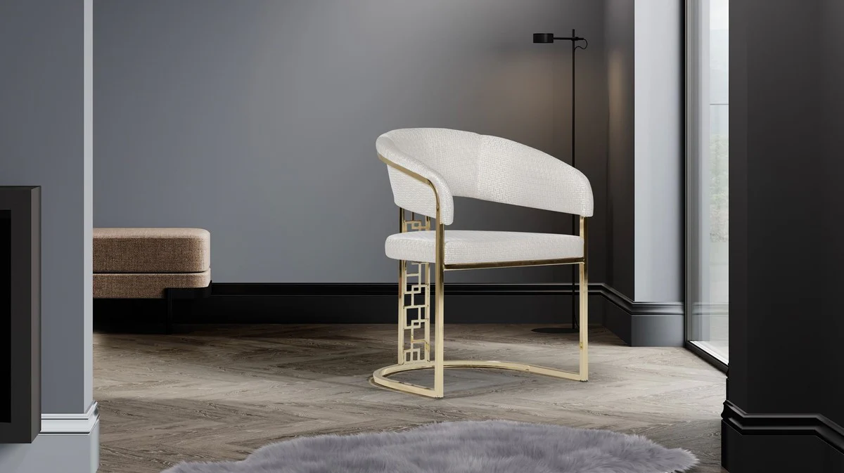 Luxus Esszimmer Stuhl 6er Set mit Armlehnen Weiß / Gold H. 83 cm