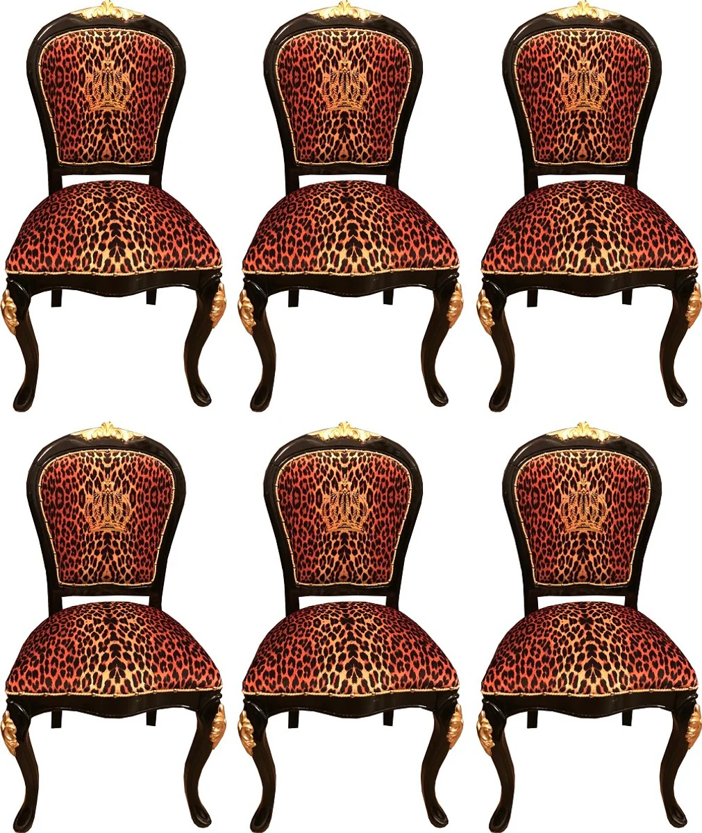 Pompöös by Luxus Barock Esszimmerstühle Krone mit Glitzersteinen Leopard / Schwarz / Gold - Esszimmer Set - 6 Pompööse Barock Stühle designed by Harald Glööckler
